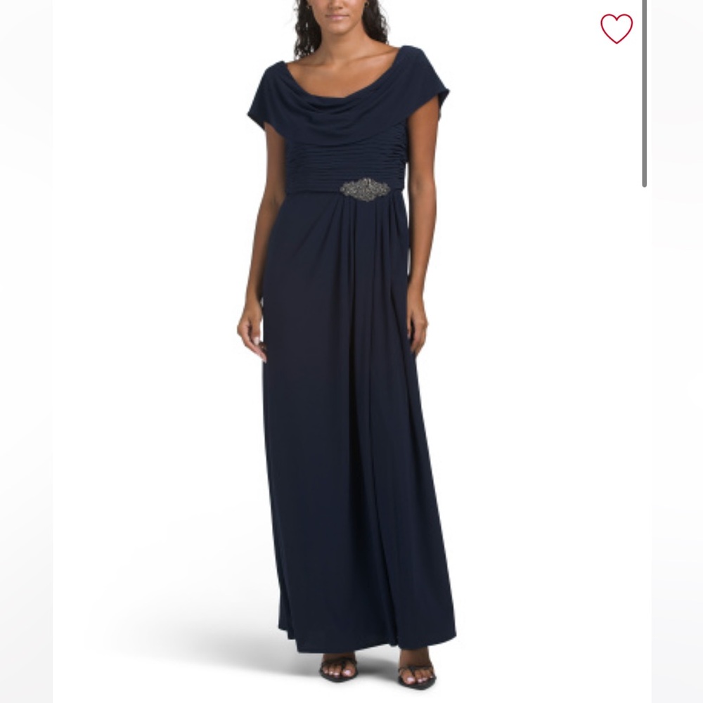 Alex Evenings 20W Long Navy Gown Cowl Cap Sleeves Maxi Slit Jersey Plus Size - Picture 8 of 8